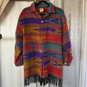 Chico’s Colorful Southwestern Patterned Coat with Fringe